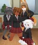  3d 3d_custom_girl 4girls artist_request black_hair breasts brown_eyes brown_hair cat closed_eyes dog female fox furry indoors long_hair multiple_girls nature plant red_eyes school_uniform short_hair skirt sky uniform 