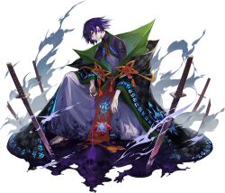  1boy closed_mouth commentary_request dare_ga_tame_no_alchemist full_body glowing_clothes katana looking_at_viewer male_focus no_socks official_art on_one_knee profile purple_hair reido_(dare_ga_tame_no_alchemist) second-party_source shibuhiko simple_background sitting smile solo sword transparent_background violet_eyes weapon 