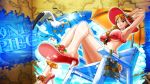  1girl breasts clouds female large_breasts looking_at_viewer nami_(one_piece) ocean one_piece open_mouth orange_hair sandals smile sun tagme winking 