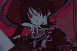  1boy absurdres armor black_bodysuit black_hair black_kimono black_rope black_sleeves blunt_ends bodysuit curled_fingers evil_eyes ff9900 genshin_impact hair_between_eyes hair_over_eyes han&#039;eri hand_on_own_chin hat highres japanese_armor japanese_clothes jingasa kimono kote kurokote layered_clothes layered_kimono layered_sleeves looking_at_viewer male_focus mandarin_collar open_clothes open_hand open_kimono parted_lips purple_sleeves red_background red_hat red_kimono rope scaramouche_(genshin_impact) shimenawa short_sleeves sketch solo three_quarter_view tilted_headwear upper_body violet_eyes white_mouth white_rope 