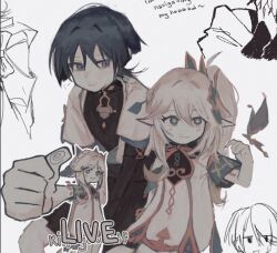  1boy 1girl aqua_kimono aqua_sleeves arm_at_side armlet arms_between_legs bare_shoulders black_bodysuit black_eyes black_hair black_shorts blunt_ends bodysuit bridal_gauntlets closed_mouth covered_collarbone cross-shaped_pupils crystalfly_(genshin_impact) curled_fingers detached_sleeves dress english_text ff9900 genshin_impact gold_trim green_eyes green_hair green_sleeves grey_hair hair_between_eyes hair_intakes hair_ornament half_crown_braid han&#039;eri hand_up japanese_clothes jewelry kimono layered_clothes layered_kimono layered_sleeves leaf leaf_hair_ornament light_blush light_smile looking_at_animal looking_at_another multicolored_hair nahida_(genshin_impact) open_clothes open_kimono pleated_shorts pointy_ears scaramouche_(genshin_impact) short_sleeves shorts shoulder_peek side-by-side side_ponytail sidelocks sketch smile streaked_hair symbol-shaped_pupils wanderer_(genshin_impact) white_dress white_kimono white_sleeves 