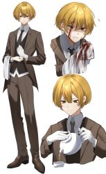 1boy blonde_hair blood closed_mouth collared_shirt formal full_body gloves highres holding limbus_company looking_at_viewer male_focus multiple_views necktie official_alternate_costume project_moon shirt short_hair simple_background sinclair_(project_moon) smile sohdvh_khos_ph solo standing suit vest white_background white_gloves white_shirt yellow_eyes 