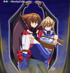 1boy 1girl arms_behind_back blonde_hair blue_skirt bound brown_hair cute damsel_in_distress dark_background deviantart_username duel_academy_uniform_(yu-gi-oh!_gx) glowing_eyes happy long_hair multicolored_eyes multicolored_hair princess_carry restrained sincity2100 smile tears tenjouin_asuka tied_up tied_up_(nonsexual) wings yellow_eyes yu-gi-oh! yubel yuu-gi-ou yuu-gi-ou_gx yuuki_juudai