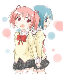  2girls :d araki495 blue_hair bow hand_holding kaname_madoka mahou_shoujo_madoka_magica miki_sayaka multiple_girls open_mouth pink_hair school_uniform short_hair skirt thigh-highs zettai_ryouiki 