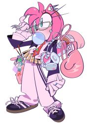  1girl adjusting_eyewear amy_rose animal_ears animal_nose bag blush boxing_gloves charm_(object) cheek_piercing chewing_gum ear_piercing furry furry_female glasses gloves green_eyes headband headphones hedgehog_girl highres jewelry kosherea long_eyelashes necktie pants pants_under_skirt piercing pink_fur plaid_clothes plaid_skirt pleated_skirt ring shoes shoulder_bag skirt sneakers sonic_(series) standing track_pants white_background white_gloves 