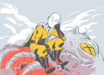  1boy artist_request boots bored gloves looking_away monster one-punch_man red_boots red_gloves saitama_(one-punch_man) simple_background sitting solo tagme 