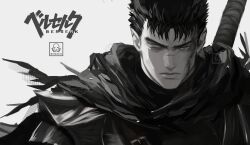  1boy absurdres armor artist_logo artist_name berserk berserker_armor black_armor black_hair blood commentary copyright_name dragonslayer_(sword) english_commentary greatsword greyscale guts_(berserk) highres hilt huge_weapon maskoo185826 monochrome scar scar_on_face short_hair solo sword weapon 