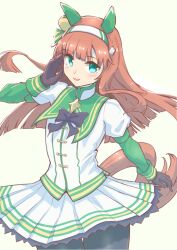  1girl aqua_eyes black_gloves flova11 gloves green_eyes highres long_hair looking_at_viewer orange_hair silence_suzuka_(umamusume) simple_background smile solo tagme umamusume white_background 