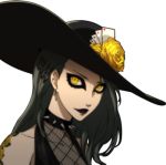  black_hair black_lipstick character_request earrings hat lipstick looking_at_viewer niijima_sae official_art persona persona_5 spiked_collar yellow_eyes 