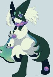  cape closed_mouth furry green_cape green_fur green_hair green_mask half-closed_eyes highres legs mask meowscarada merino_(merino_9999) pokemon pokemon_(creature) smile solo standing violet_eyes 