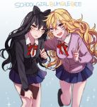  2girls :d black_hair blake_belladonna blonde_hair blurry book depth_of_field english eyebrows eyebrows_visible_through_hair hair_between_eyes holding multiple_girls open_mouth pleated_skirt ribbon rwby school_uniform skirt smile v violet_eyes yang_xiao_long yellow_eyes 