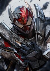  1boy absurdres armor brown_armor chocolate full_armor gloves helmet highres kamen_rider kamen_rider_gavv_(series) kamen_rider_valen kozsen_810290 looking_at_viewer male_focus red_armor ripping solo upper_body 