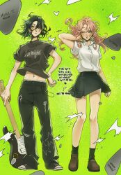  2girls absurdres artist_name black_footwear black_hair black_pants black_skirt black_socks brown_footwear commentary copyright_name derivative_work earrings electric_guitar english_commentary full_body green_background green_eyes guitar heart highres hoop_earrings instrument jewelry kininatteru_hito_ga_otoko_ja_nakatta koga_mitsuki long_hair magurosnacks midriff_peek mole mole_under_eye multiple_girls navel one_eye_closed oosawa_aya pants pink_hair plectrum shirt short_hair skirt socks white_shirt 