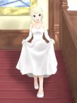  1girl artist_request blonde_hair blue_eyes dress dress_lift elbow_gloves gloves long_dress looking_at_viewer shoes solo stairs walking white_dress white_gloves white_shoes 