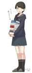  1girl 2016 :o alternate_costume artist_name black_legwear blouse blue_skirt blue_sweater blush book braid breath brown_eyes brown_hair dated full_body hair_ribbon kantai_collection kawashina_(momen_silicon) long_hair long_sleeves looking_at_viewer neckerchief open_mouth pleated_skirt red_ribbon ribbon sailor_collar school_uniform serafuku single_braid skirt slippers solo sweater tan tanline text uranami_(kantai_collection) 