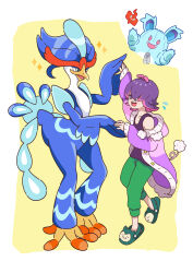  1girl absurdres antenna_hair buttons cardigan commentary_request dot_(pokemon) flying_sweatdrops green_footwear green_pants highres holding_hands nidothing open_cardigan open_clothes open_mouth pants pokemon pokemon_(anime) pokemon_(creature) pokemon_horizons purple_cardigan purple_hair purple_shirt quaquaval rotom rotom_phone shirt sleeveless sleeveless_shirt slippers sparkle teeth tsujii_(2jii_all70) upper_teeth_only yellow_background 