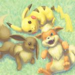  animal_ears daphnia eevee fangs grass growlithe lying nintendo no_humans on_back on_side open_mouth paws pikachu pokemon tail 