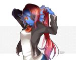  1girl artist_request blue_skin eyepatch fangs female jacket long_hair looking_at_viewer ponytail redhead solo undertale undyne 