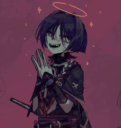  1boy armor black_bodysuit black_eyes black_hair black_kimono black_mouth black_sleeves blood blood_on_face blunt_bangs bodysuit bright_pupils facing_up ff9900 genshin_impact gold hair_intakes halo han&#039;eri japanese_armor japanese_clothes jewelry katana kimono kote kurokote layered_clothes layered_kimono layered_sleeves looking_up male_focus neck_ring o-ring open_clothes open_kimono open_mouth own_hands_together palms_together purple_rope purple_sash purple_sleeves red_kimono rope sash scaramouche_(genshin_impact) shimenawa short_sleeves solo sword teeth three_quarter_view upper_body weapon white_pupils white_rope white_trim yellow_halo 