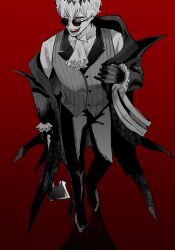  1boy bishounen black_crown crown diamond_hairband formal gloves highres jacket long_sleeves looking_at_viewer male_focus manzyuuuuu missing_tooth pinstripe_jacket pinstripe_pattern pinstripe_suit pinstripe_vest red_background red_eyes removing_jacket round_eyewear short_hair skeleton skeleton_print skully_j._graves smile smirk solo stitches striped_clothes striped_jacket striped_vest suit sunglasses twisted_wonderland undressing vertical-striped_clothes vertical-striped_jacket vertical-striped_vest vest walking white_hair 