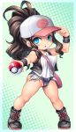  10s 1girl :3 :d antenna_hair bag bare_legs baseball_cap boots brown_hair chibi female full_body hair_ornament hat legs long_hair looking_at_viewer nintendo poke_ball poke_ball_hat poke_ball_print pokemon pokemon_(game) pokemon_bw ponytail short_shorts touko_(pokemon) very_long_hair vest 