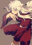  1boy animal_ears barefoot crouching dog_ears fangs inuyasha inuyasha_(character) male_focus necklace sharp_nails simple_background solo white_hair yellow_eyes 