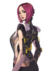  1girl absurdres architecture breasts brown_eyes closed_mouth cyberpunk_(series) cyberpunk_2077 cyborg east_asian_architecture from_behind highres looking_to_the_side mechabare mechanical_arms mechanical_head mechanical_spine medium_breasts pink_hair red_lips sideboob simple_background solo songbird_(cyberpunk) standing stone_ql white_background 