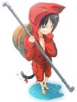  1boy animal_hood bow brown_eyes capri_pants cat_ears cat_tail fake_animal_ears full_body hand_over_mouth hat heart hoodie looking_at_viewer male_focus monkey_d_luffy one_piece open_clothes open_shirt perspective pole red_pants red_ribbon sandals scar simple_background solo stampede_string straw_hat tail unzipped weapon white_background 