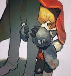  1boy 1other animal_hands black_gloves blonde_hair closed_mouth full_body gloves hagan_tw hair_over_one_eye highres hood hood_up limbus_company long_sleeves looking_at_viewer male_focus paw_gloves project_moon short_hair simple_background sinclair_(project_moon) solo_focus standing white_background yellow_eyes 