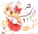  1girl ? ascot blonde_hair bow crystal flandre_scarlet from_above hat hat_bow heart highres looking_at_viewer mob_cap ramudia_(lamyun) red_eyes side_ponytail solo touhou twitter_username wings 