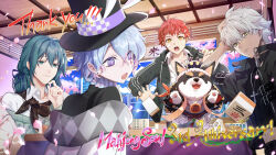  5boys a-37_(mahjong_soul) absurdres anniversary bandaid bandaid_on_cheek bandaid_on_face black_coat blue_eyes blue_hair cherry_blossoms coat commentary_request copyright_name copyright_notice cross cross_necklace diamond_(shape) earrings facial_mark furry furry_male hat highres japanese_clothes jewelry logo mahjong mahjong_soul mahjong_tile male_focus mikurou_(nayuta) multiple_boys necklace official_art open_mouth petals redhead ryan_(mahjong_soul) sammir_(mahjong_soul) shirt side_ponytail stud_earrings takigawa_natsuhiko thank_you top_hat violet_eyes wanjirou white_hair white_shirt yellow_eyes 