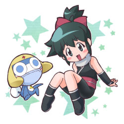  1girl 2000s_(style) :3 aged_down armor arms_at_sides asymmetrical_hair azumaya_koyuki black_footwear black_shirt black_shorts boots bow child covered_mouth creature dororo_(keroro_gunsou) dot_nose fold-over_collar full_body green_eyes green_hair hair_bow hakkatou japanese_armor keroro_gunsou knees_up kote kurokote mask mouth_mask open_mouth outline pink_bow pink_sash plantar_flexion sash scarf shirt short_ponytail shorts sidelocks sleeveless sleeveless_shirt solid_circle_pupils star_symbol_background tareme white_background white_outline white_scarf white_trim 