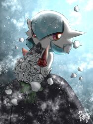  1girl alternate_color artist_name backlighting bare_shoulders baya_(sakura_mint) black_dress black_gloves blue_background blue_hair bob_cut bouquet colored_skin commentary_request covering_own_mouth dress elbow_gloves falling_petals flower gardevoir gloves hair_between_eyes hand_up holding holding_bouquet long_dress looking_to_the_side mega_gardevoir mega_pokemon odd_one_out petals pokemon pokemon_(creature) red_eyes red_flower red_rose rose shiny_pokemon short_hair signature solo standing strapless strapless_dress white_flower white_rose white_skin 