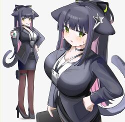  1girl absurdres animal_ears arknights black_choker black_footwear black_hair black_jacket black_skirt black_tail blazer blush breasts bright_pupils brown_pantyhose buttoned_cuffs buttons choker colored_inner_hair drink drinking_straw formal green_eyes hand_on_own_hip high_heels highres holding holding_drink jacket jessica_(arknights) lanyard lapels large_breasts long_hair long_sleeves miniskirt multicolored_hair multiple_views open_mouth pantyhose pencil_skirt pink_hair pouch purple_hair scoop_neck shirt shoes skirt spam_(spamham4506) streaked_hair sweatdrop t-shirt tail tail_raised thigh_pouch thigh_strap white_pupils white_shirt 