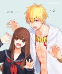  1boy 1girl abs artist_name bangs blonde_hair bracelet brown_eyes brown_hair claw_pose collarbone fang fate/extra fate/extra_ccc fate_(series) gao gilgamesh jewelry kishinami_hakuno_(female) long_hair long_sleeves neckerchief necklace open_clothes open_mouth open_shirt pose red_eyes sailor_collar school_uniform serafuku shirt somemiya_suzume tattoo twitter_username wavy_hair 