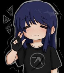 1girl :3 =_= aphex_twin black_gloves black_shirt black_t-shirt blue_hair closed_eyes fingerless_gloves gloves original shirt solo t-shirt upper_body zoolpal