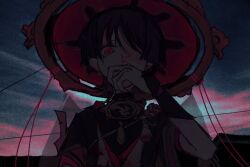 1boy arm_at_side armor black_bodysuit black_hair black_kimono black_sleeves blood blood_on_clothes blood_on_face blunt_ends bodysuit covering_own_mouth dusk facing_viewer ff9900 genshin_impact glaring hair_over_one_eye han&#039;eri hand_over_own_mouth hand_up hat japanese_armor japanese_clothes jewelry jingasa kimono kote kurokote layered_clothes layered_kimono layered_sleeves looking_at_viewer looking_down male_focus mitsudomoe_(shape) neck_ring open_clothes open_kimono overcast purple_rope purple_sleeves red_eyes red_hat red_kimono rope scaramouche_(genshin_impact) see-through_clothes see-through_veil shimenawa short_sleeves sketch sky solo straight-on tassel tomoe_(symbol) veil white_rope white_trim