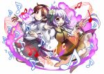  2girls absurdres barefoot beamed_quavers biwa_lute brown_eyes brown_hair crotchet dress flower full_body hair_flower hair_ornament hairband highres instrument long_hair long_sleeves looking_at_viewer low_twintails lute_(instrument) multiple_girls music musical_note open_mouth playing_instrument purple_hair quaver shirt short_hair skirt smile socha tied_hair touhou tsukumo_benben tsukumo_yatsuhashi twintails violet_eyes white_background 