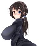  1girl absurdres blue_eyes blush breasts brown_hair female glasses heterochromia huge_breasts impossible_clothes impossible_shirt long_hair long_ponytail looking_at_viewer phantasy_star_online_2 ponytail profile red_eyes simple_background smile solo standing studiostewkiavu103 upper_body white_background 