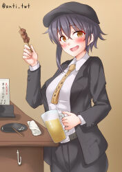  1girl alcohol alternate_costume anti_(untea9) beer beret black_jacket black_pants black_suit breasts business_suit collared_shirt cowboy_shot food formal hat highres i-14_(kancolle) indoors jacket kantai_collection long_sleeves looking_at_viewer necktie pants plate shirt small_breasts suit suit_jacket table yakitori yellow_necktie 