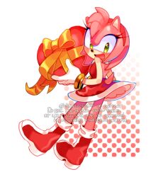  1girl amy_rose animal_ears animal_nose artist_name bare_shoulders blush boots bow box bracelet dress eyelashes from_side full_body furry furry_female gloves gold_bracelet green_eyes hairband hands_up heart-shaped_box hedgehog_girl holding holding_box jewelry looking_at_viewer open_mouth pink_fur red_dress red_footwear red_hairband short_tail simple_background sleeveless sleeveless_dress smile solo sonic_(series) standing sucho tail watermark white_background white_gloves yellow_bow 