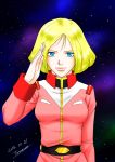  1girl blonde_hair blue_eyes breasts gundam mobile_suit_gundam sayla_mass short_hair solo 