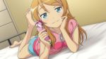  1girl aqua_eyes arm_support artist_request barefoot bed blonde_hair blue_eyes cellphone dutch_angle feet hair_ornament hairclip kousaka_kirino long_hair looking_at_viewer lying on_stomach ore_no_imouto_ga_konna_ni_kawaii_wake_ga_nai smile solo toes 