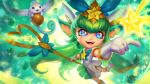  1girl alternate_costume alternate_hairstyle blue_eyes boots dress facial_mark fang flat_chest forehead_mark gloves green_hair highres league_of_legends long_hair lulu_(league_of_legends) magical_girl official_art pix_(league_of_legends) solo sparkle staff star star_guardian_lulu tiara very_long_hair white_dress white_gloves yordle 