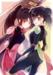  2girls armor bangs black_hair bodysuit boomerang brown_eyes brown_hair higurashi_kagome hiraikotsu inuyasha long_hair multiple_girls ninja parted_bangs ponytail sango sash simple_background weapon 