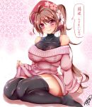  1girl ahoge bare_shoulders black_legwear blush breasts brown_hair curvy female hair_ornament jotti large_breasts long_hair long_ponytail looking_at_viewer original pointy_ears ponytail red_eyes sitting smile solo sweater thick_thighs thigh-highs thighs translation_request wariza wide_hips 