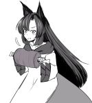  /\/\/\ 1girl animal_ears blush boned_meat d:&lt; dress eating fang food ganmaganmo greyscale imaizumi_kagerou long_dress long_hair long_sleeves looking_at_viewer meat monochrome slit_pupils solo surprised sweat touhou tsurime very_long_hair wolf_ears 