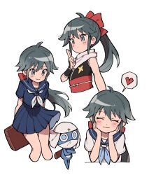  1girl :3 ahoge ai_nige armor azumaya_koyuki black_shirt blue_neckerchief blue_shirt bow closed_mouth creature dororo_(keroro_gunsou) flipped_bangs grey_eyes grey_hair hair_bow high-waist_skirt japanese_armor keroro_gunsou kote kuji-in kurokote long_hair multiple_views neckerchief ponytail red_bow red_sash sash scarf school_uniform serafuku shirt short_sleeves simple_background skirt sleeveless sleeveless_shirt white_background white_neckerchief white_scarf white_shirt 