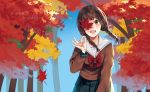  1girl :d autumn autumn_leaves blue_skirt blue_sky bow bowtie braid brown_eyes brown_hair brown_shirt forest holding_leaf leaf long_hair looking_at_viewer maple_leaf nature one_eye_covered open_mouth original outdoors pleated_skirt red_bow red_bowtie school_uniform serafuku shinobu_(kobanatu) shirt skirt sky smile solo teeth translated twin_braids 