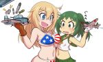  2girls american_flag_bikini bikini blonde_hair blue_eyes blush breast_envy breast_press breasts chibi female girls_und_panzer gluteal_fold green_hair kay_(girls_und_panzer) large_breasts long_hair mikoyan multiple_girls open_mouth ponytail small_breasts smile swimsuit underwear 